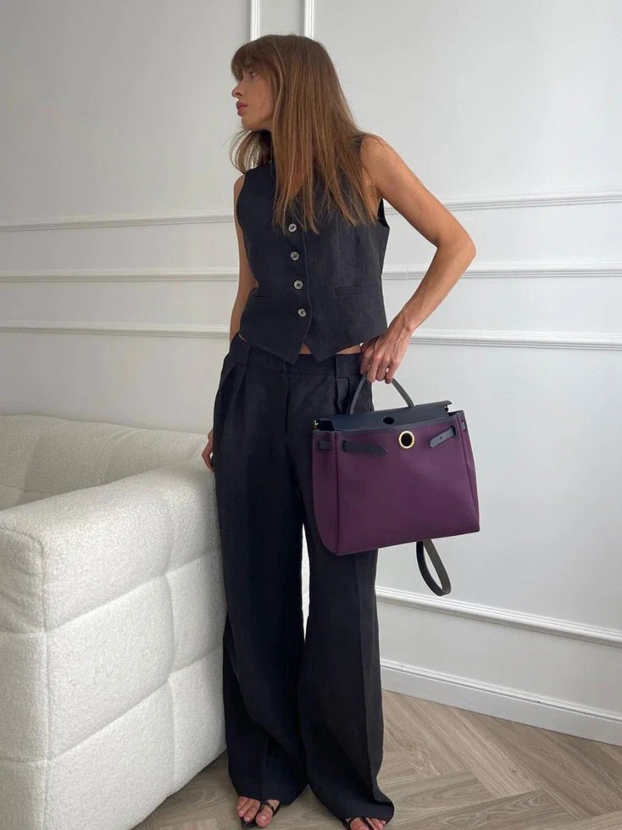 Women's beige two-piece matching set effortless chic relaxed silhouette lightweight casual elegant