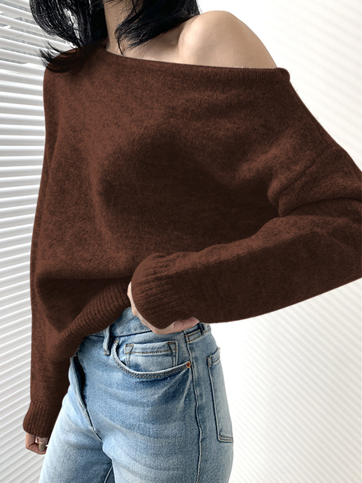 Women's one shoulder asymmetric knit sweater in solid color with cold shoulder cutout detail