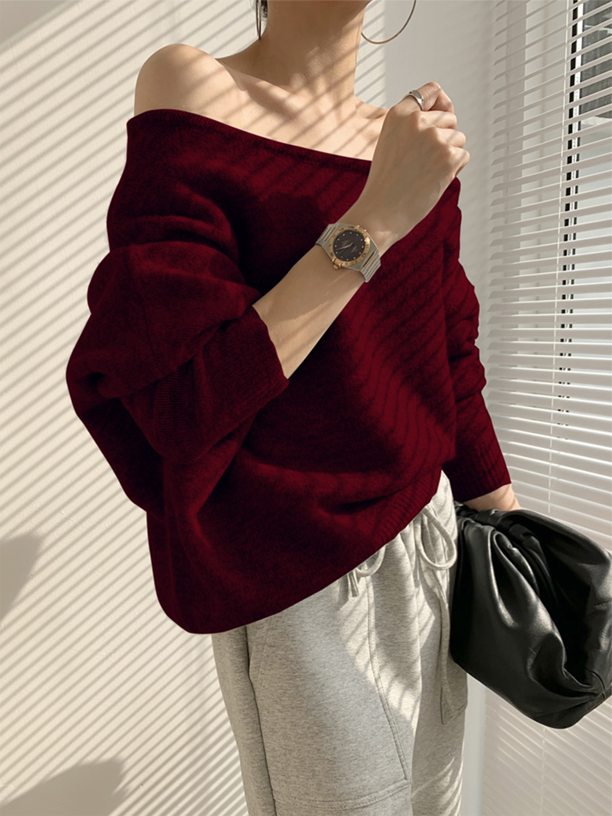 Ivory one-shoulder asymmetric knit sweater with cold shoulder cutout, casual elegant regular fit