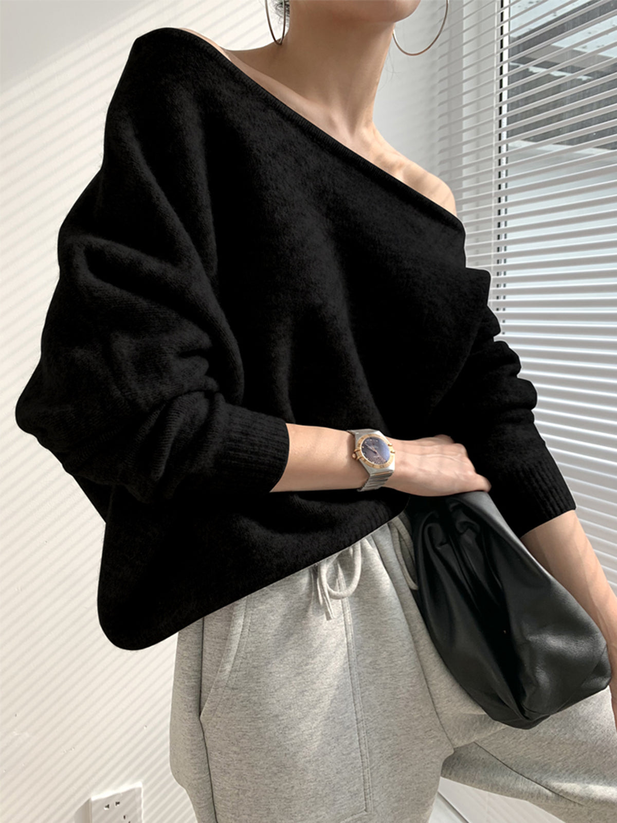 Ivory one shoulder asymmetric knit sweater with cold shoulder cutout, casual elegant regular fit