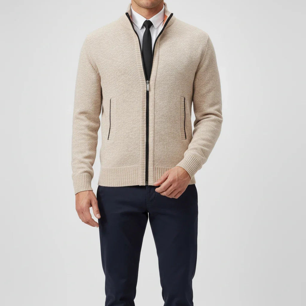 Men's zip-up sweater stand collar slim fit full-length zipper versatile layering office weekend wear
