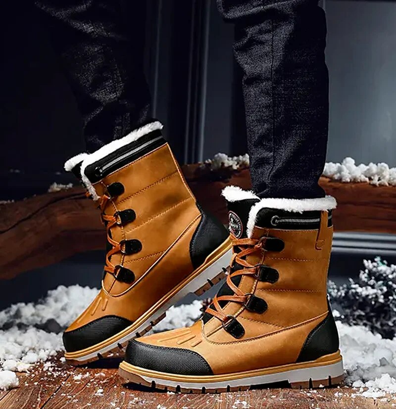 Men's mid-calf winter boots black fur-lined lace-up zipper PU leather reinforced grip sole