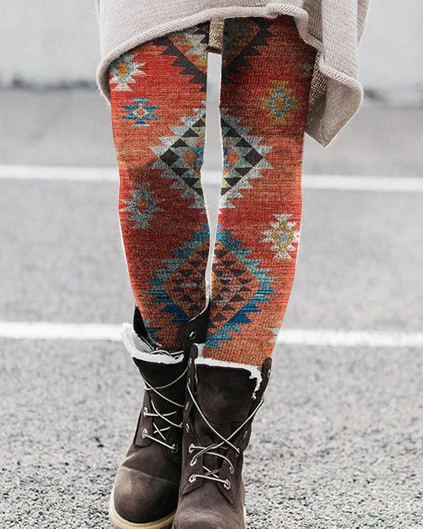 Women's full-length stretch knit leggings with bold geometric pattern, breathable fabric, slim fit