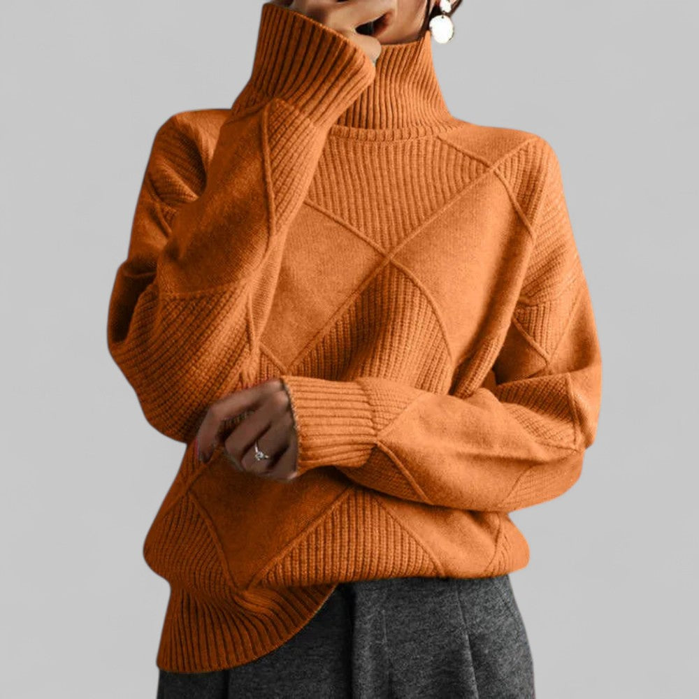 Women's oversized turtleneck sweater relaxed fit with bold textured pattern for winter layering