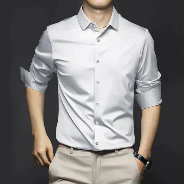 Men's slim fit non-iron dress shirt in white wrinkle-free breathable everyday essential by Wavlynn