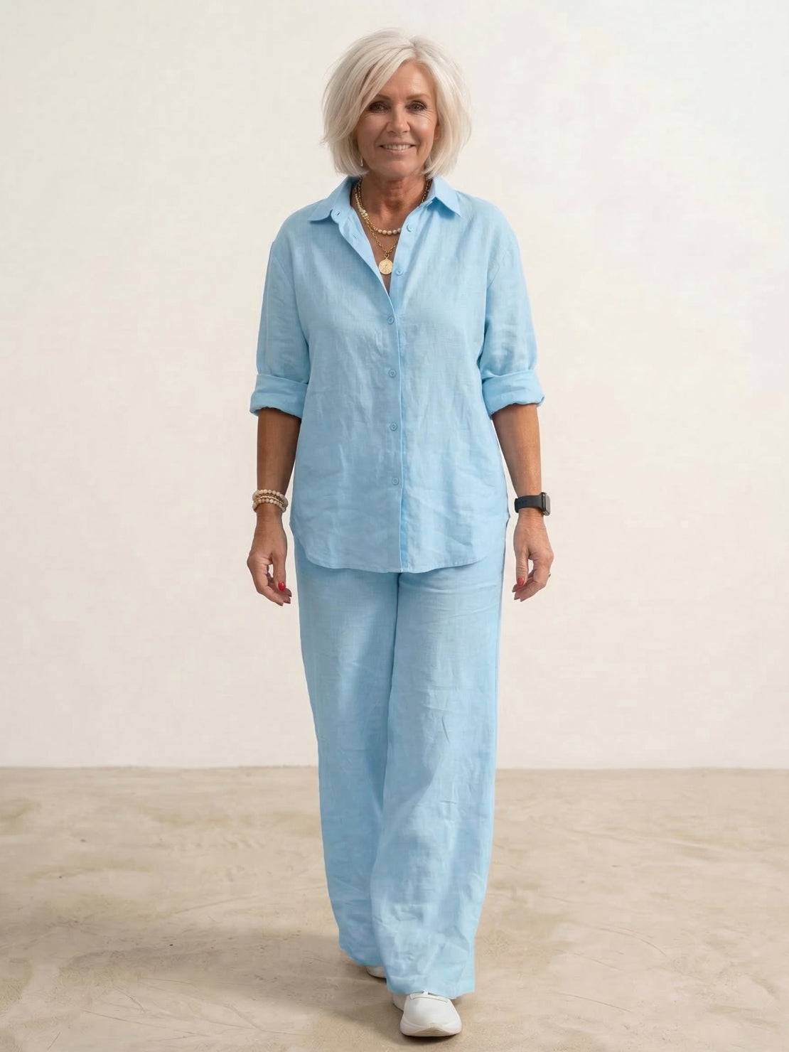 Women's casual beige button-down shirt and wide-leg pants matching two-piece set with relaxed fit