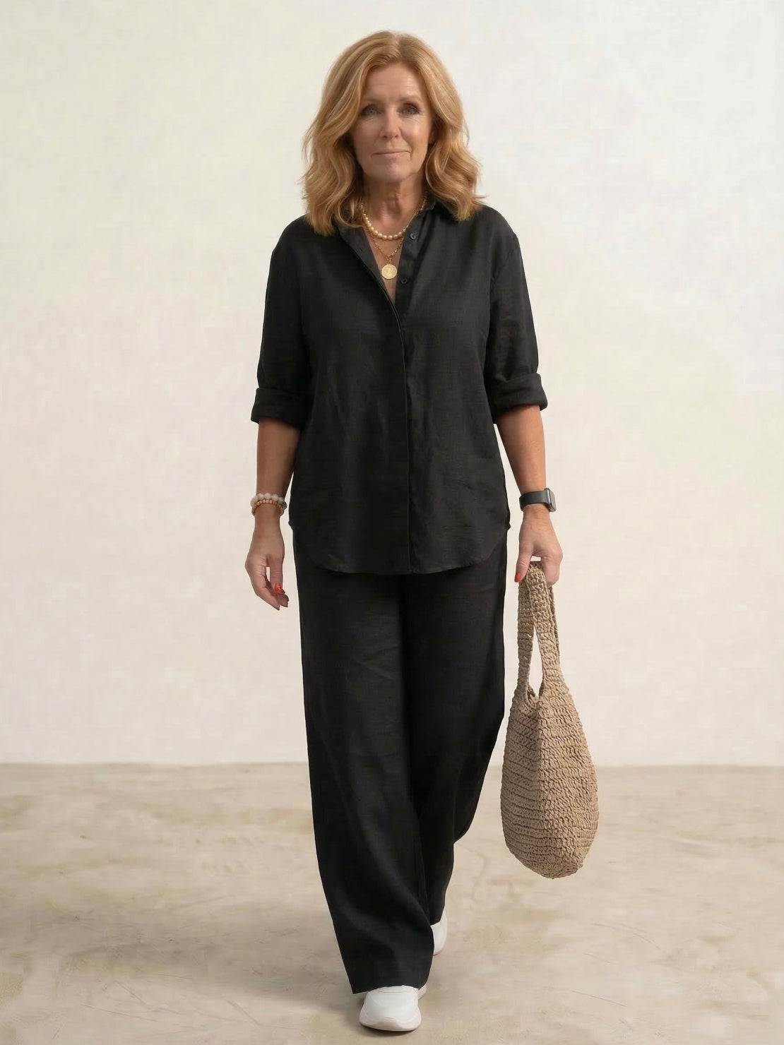 Women's casual button-down shirt and wide-leg pants matching set with relaxed silhouette
