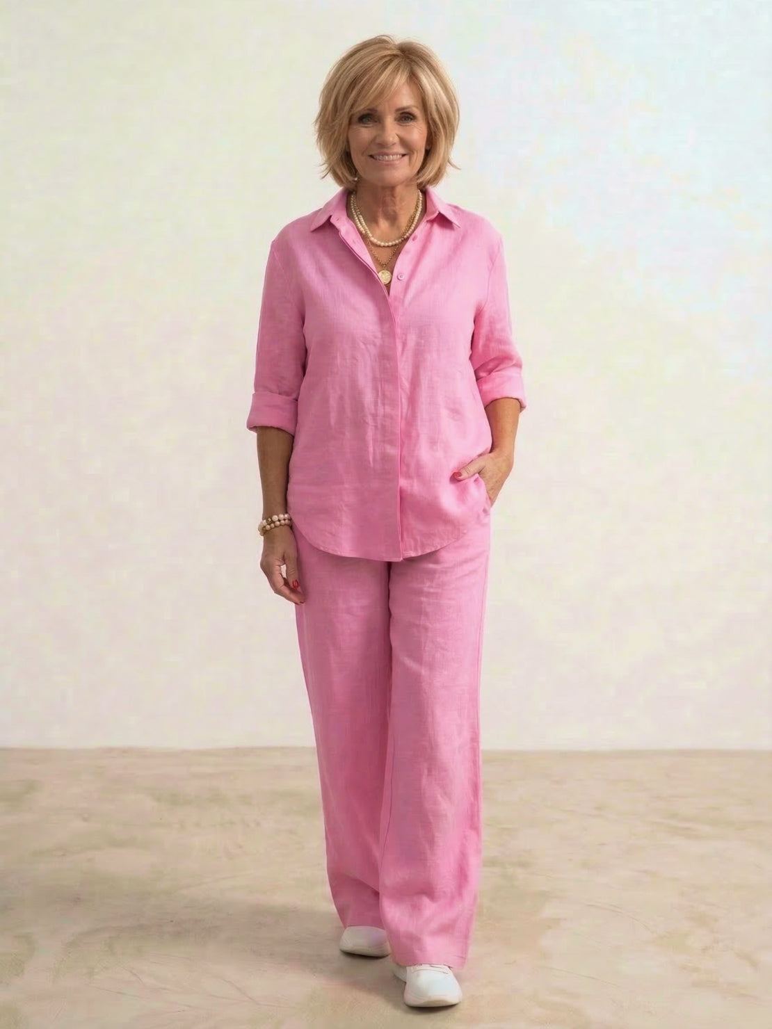 Women's casual button-down shirt and wide-leg pants matching set with relaxed silhouette