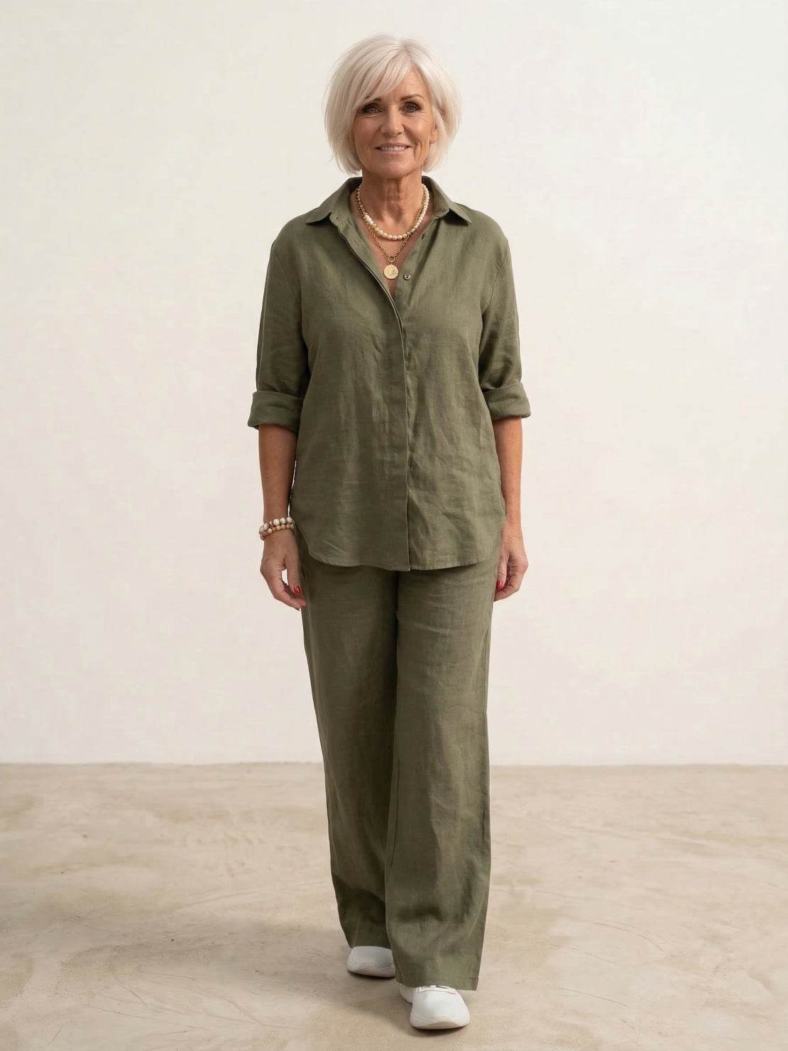 Women's casual button-down shirt and wide-leg pants matching set with relaxed silhouette