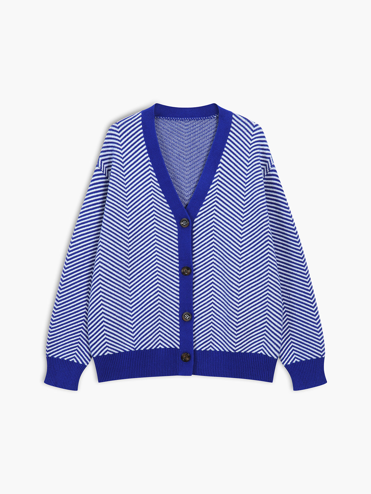 Oversized herringbone knit cardigan with contrast binding trim, casual relaxed fit