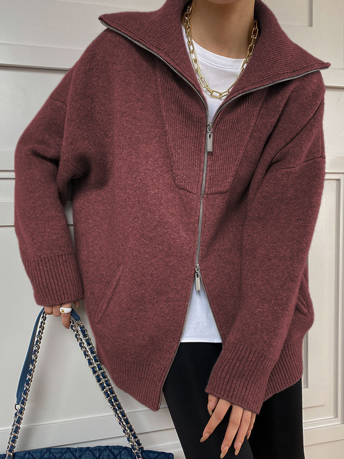 Oversized open collar knit cardigan casual loose fit plain solid color leisure wear
