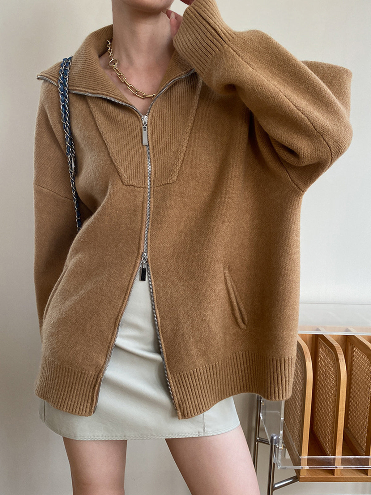 Oversized open collar knit cardigan casual relaxed fit plain solid color leisure wear