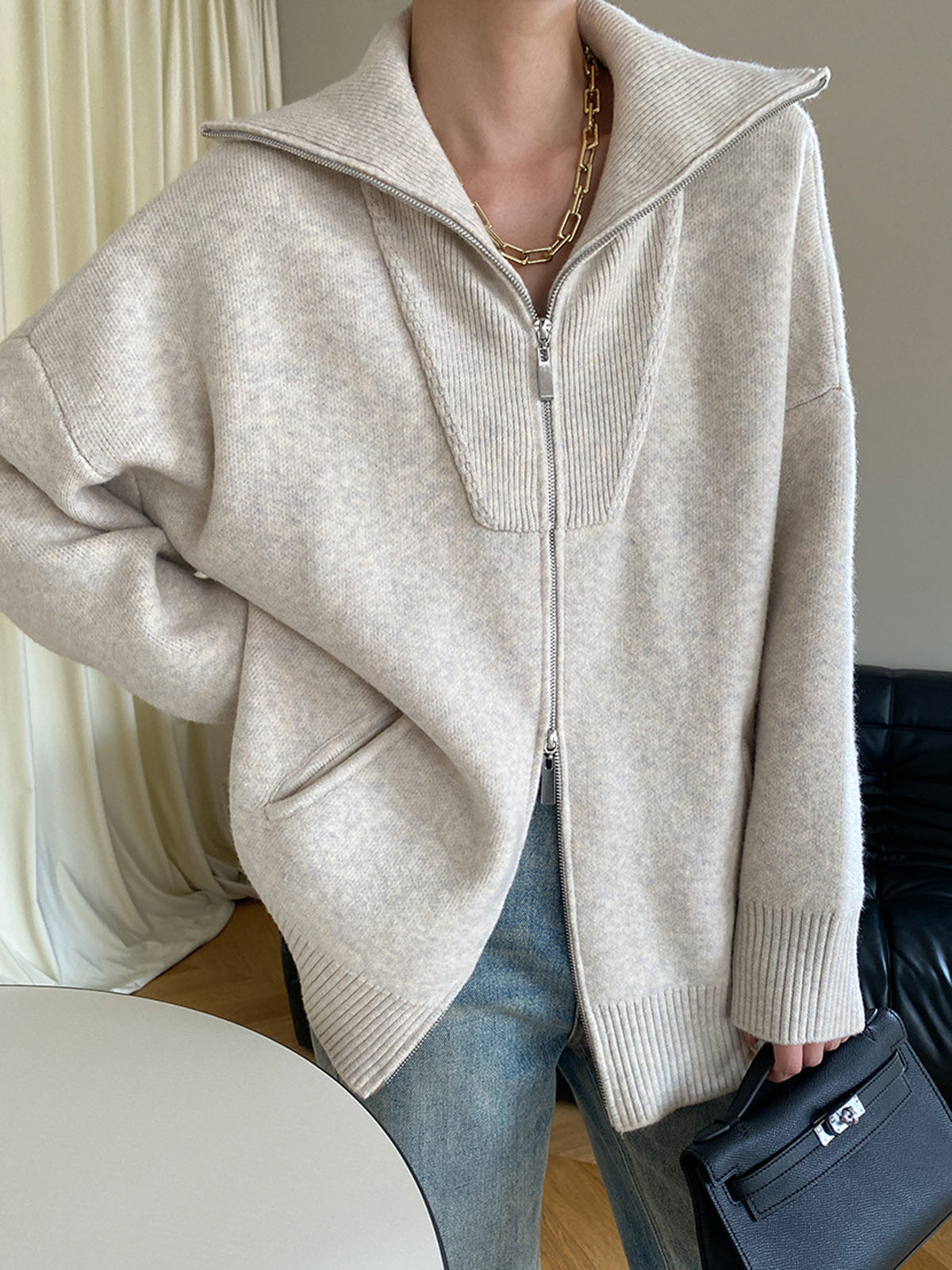 Oversized open collar cardigan in neutral knit with relaxed shift fit and casual plain design