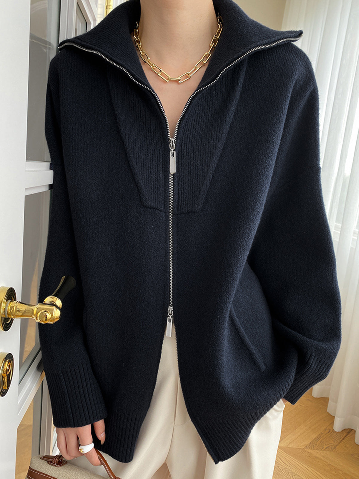 Oversized open collar knit cardigan casual shift fit plain relaxed style
