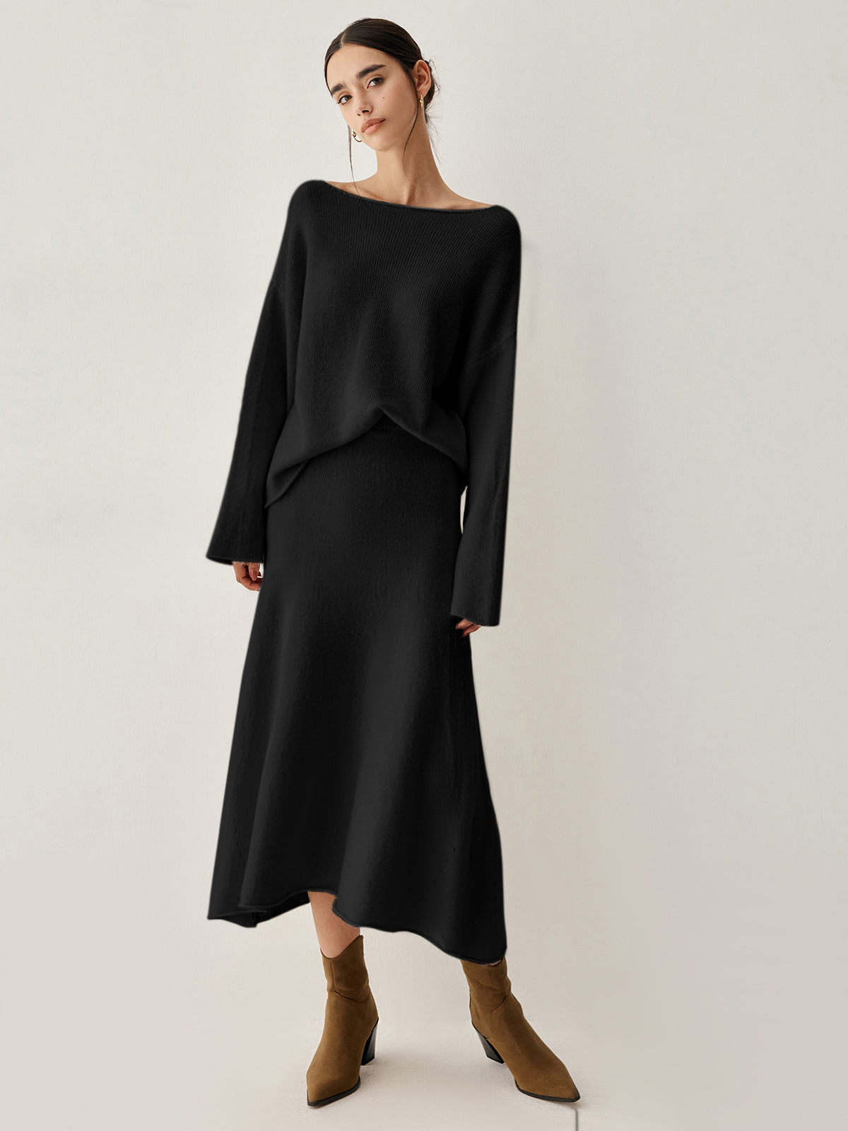 Beige oversized knit sweater and midi skirt two-piece matching set with relaxed silhouette