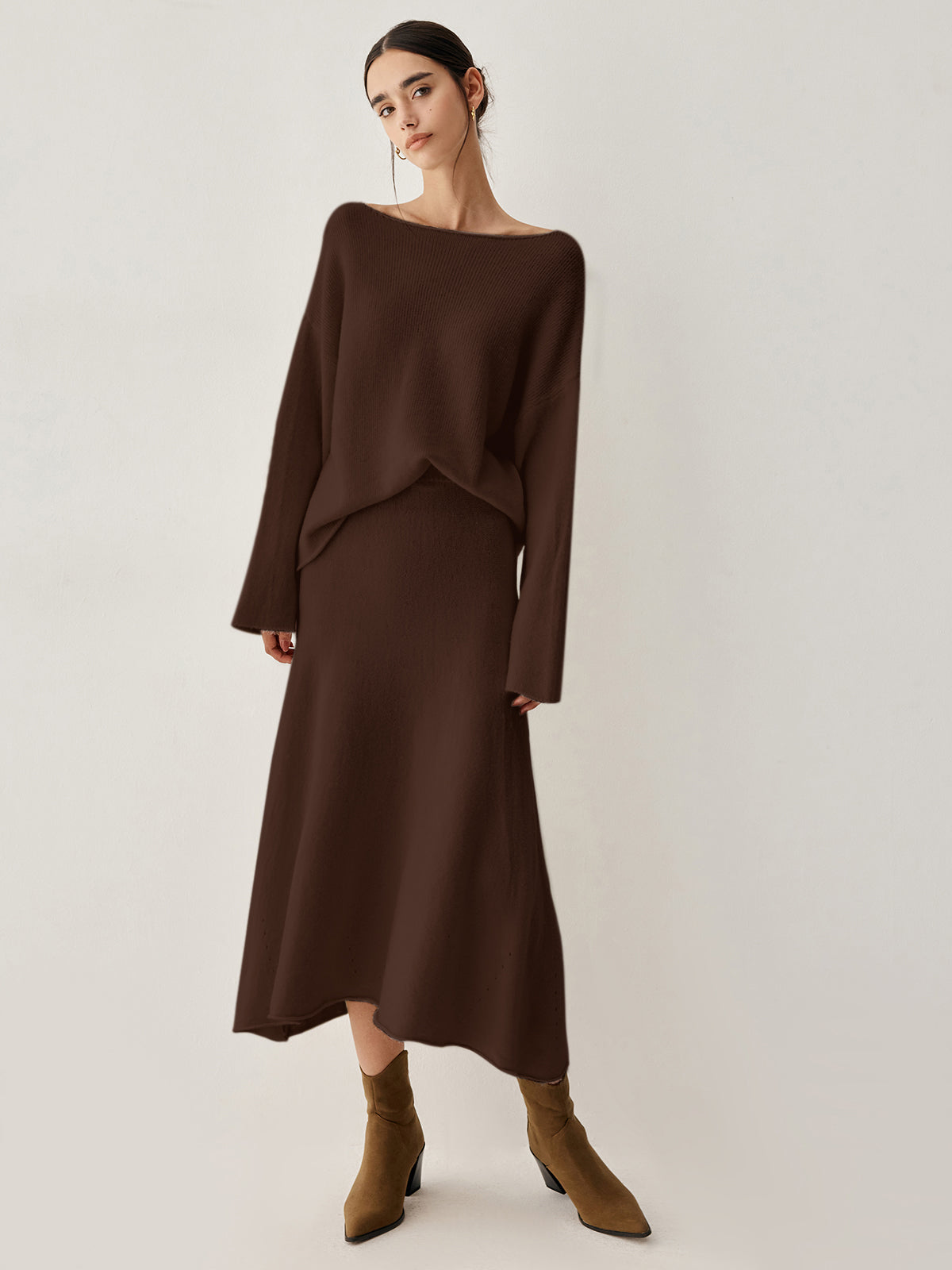 Beige oversized knit sweater and matching midi skirt two-piece set with relaxed silhouette