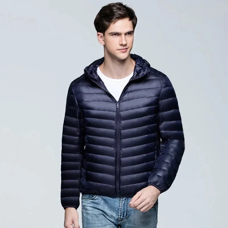 Men's ultralight packable puffer jacket hooded slim fit lightweight insulation for winter travel