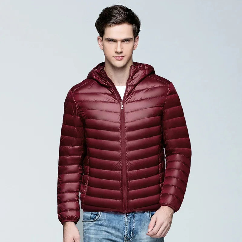 Men's ultralight black puffer jacket packable hooded slim fit ideal for winter travel