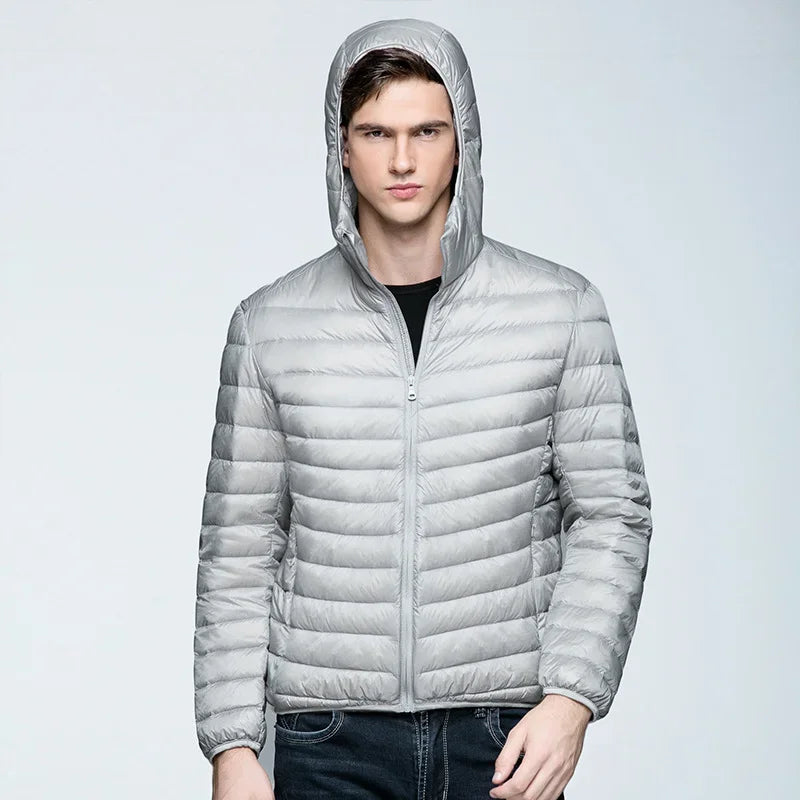 Men's ultralight packable puffer jacket hooded slim fit lightweight insulation for winter travel