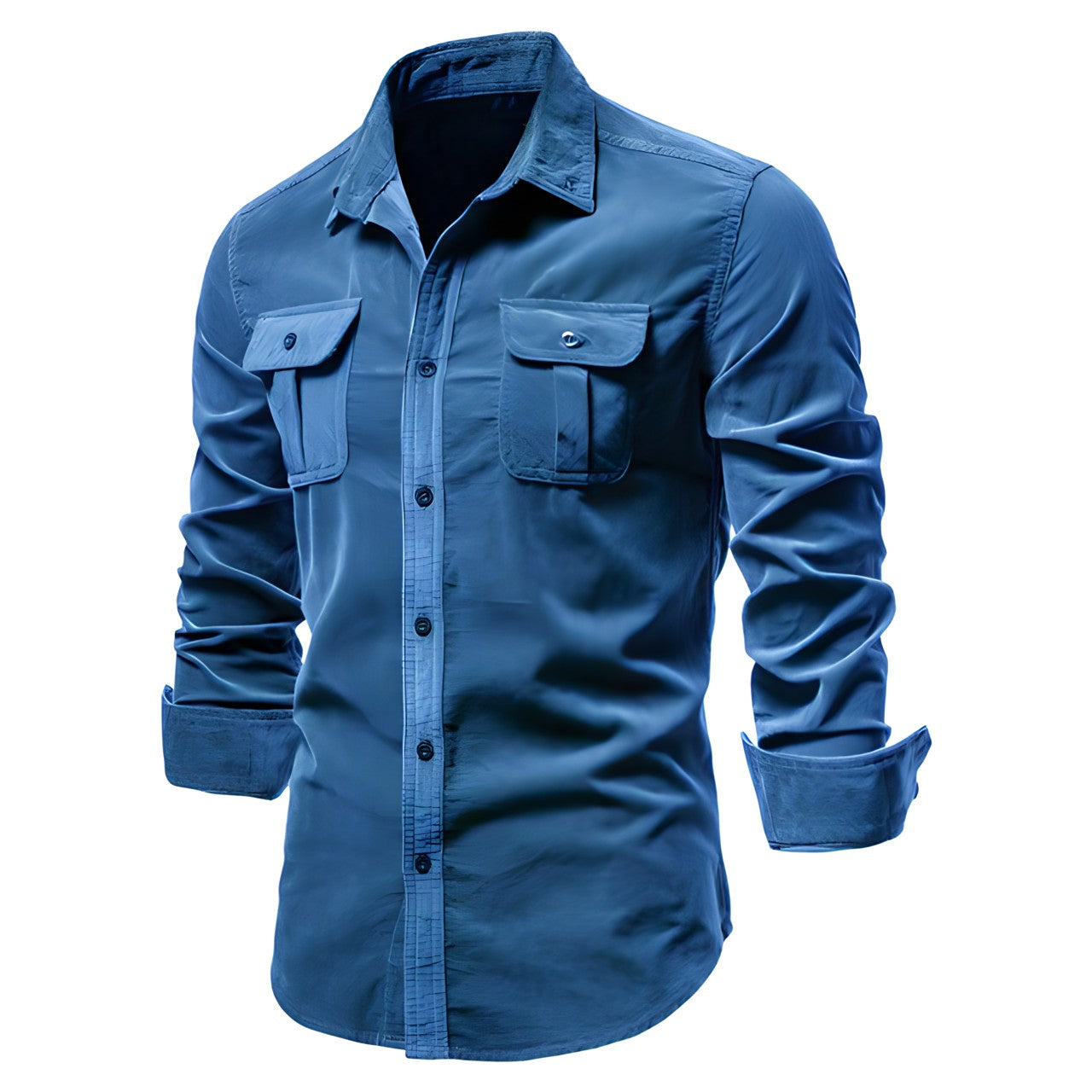 Men's olive green military-style long sleeve shirt with dual functional chest pockets by Wavlynn