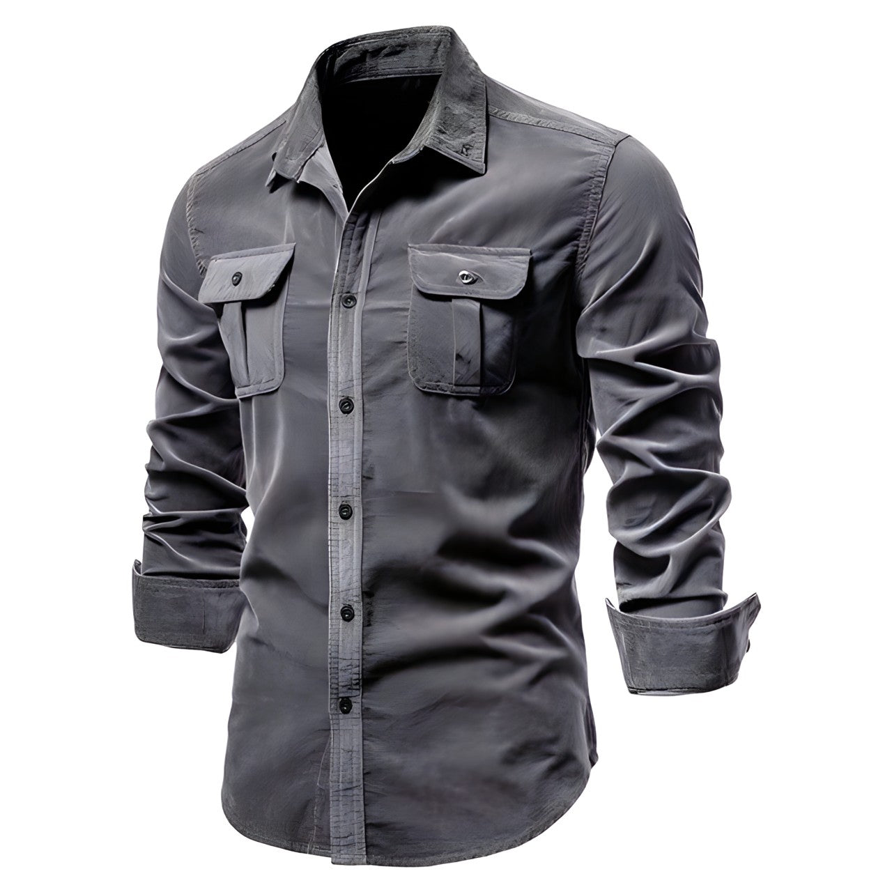 Men's olive green military-style long sleeve shirt with structured fit and dual front chest pockets