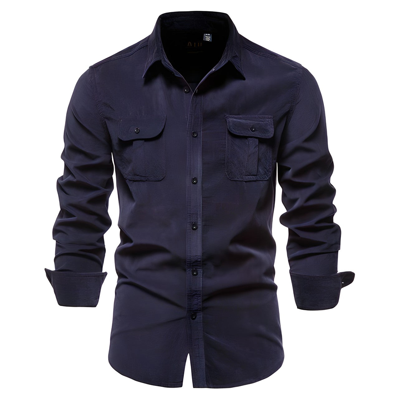 Men's olive green military-style long sleeve shirt with structured fit and dual functional chest pockets