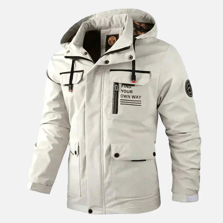 Men's hip-length hooded stand collar jacket woven blend outerwear in neutral fall tones