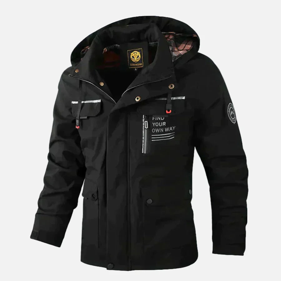 Men's hip-length woven blend jacket in fall tones with integrated hood and stand collar