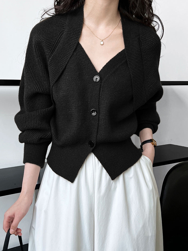 Women's patchwork knit cardigan sweater, V-neck long sleeve button-up in cozy warm asymmetrical design