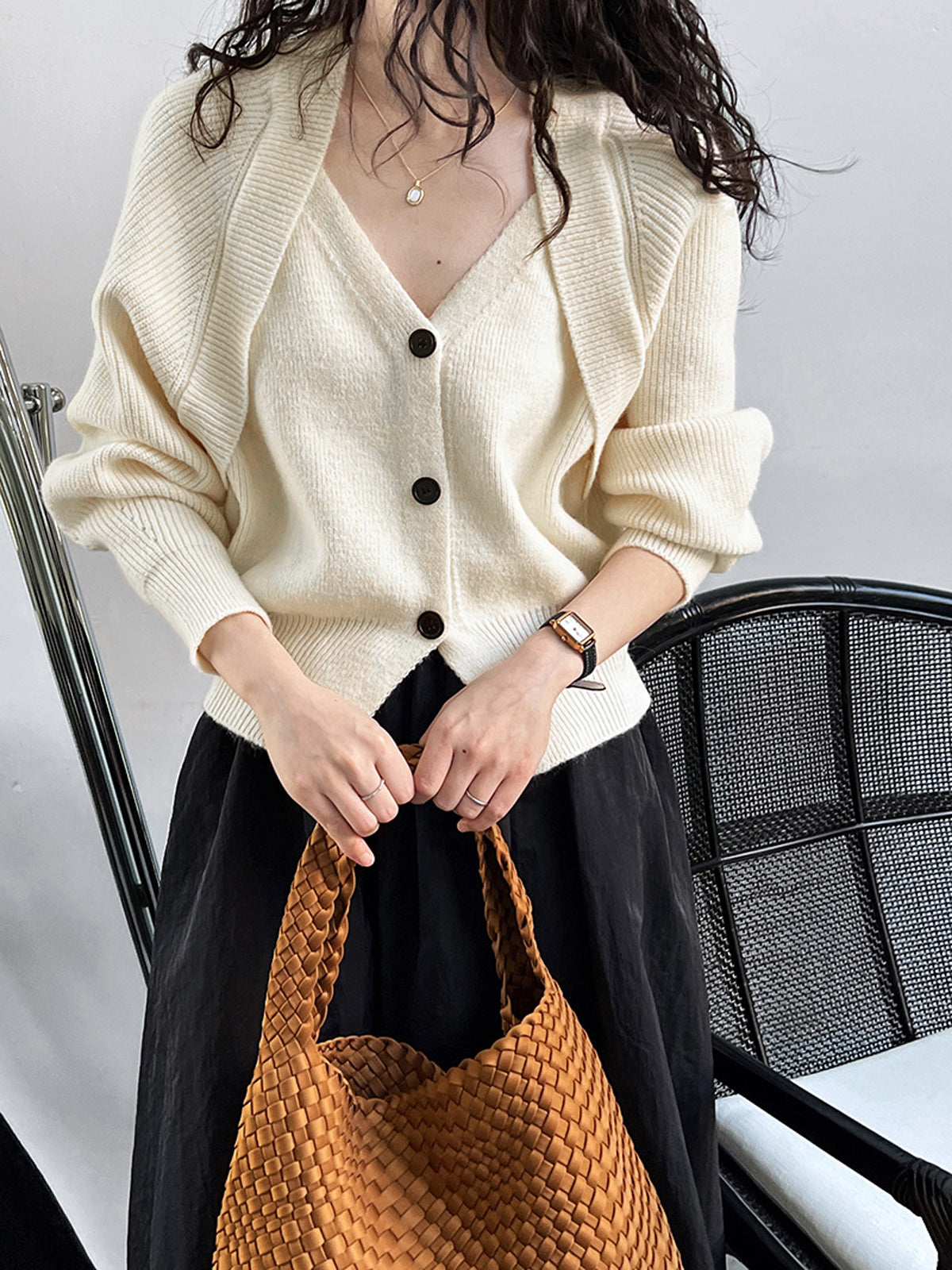 Women's patchwork knit cardigan sweater, V-neck long sleeve button-front asymmetrical workwear design