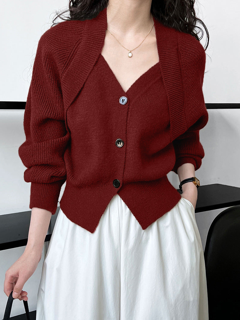 Women's patchwork knit cardigan, V-neck button-front sweater with asymmetrical cozy workwear design
