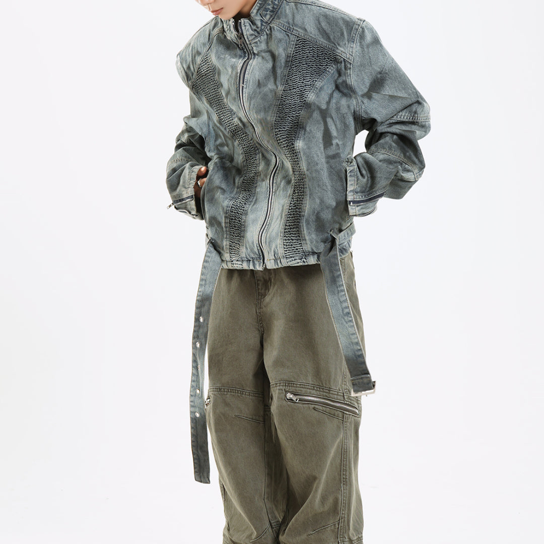 Distressed blue denim jacket regular fit turn-down collar zipper punk-inspired ribbed detailing streetwear