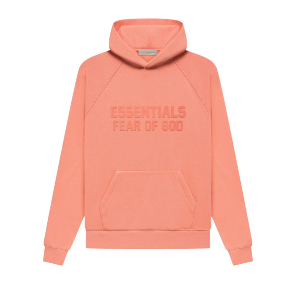 Men's peach fleece essential hoodie with adjustable hood, kangaroo pocket, and ribbed cuffs
