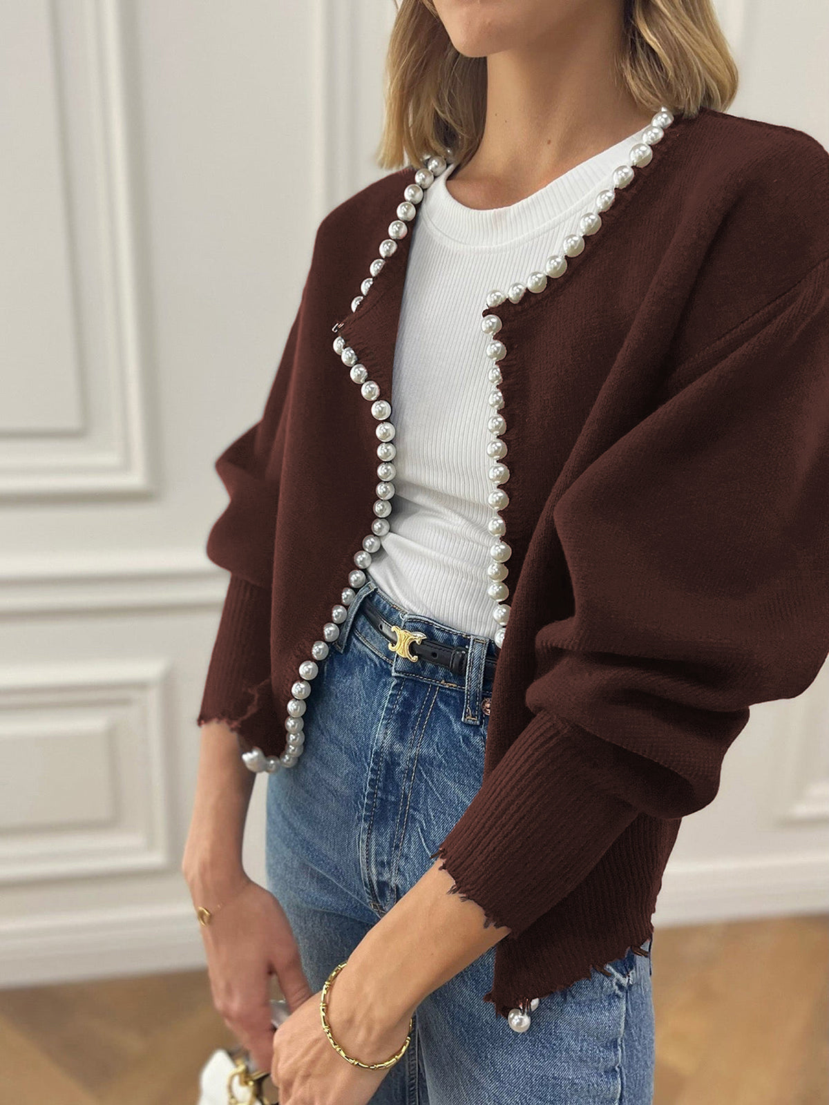 Cream knit cardigan with pearl trim, ripped hem, elegant regular fit, leisure and work style