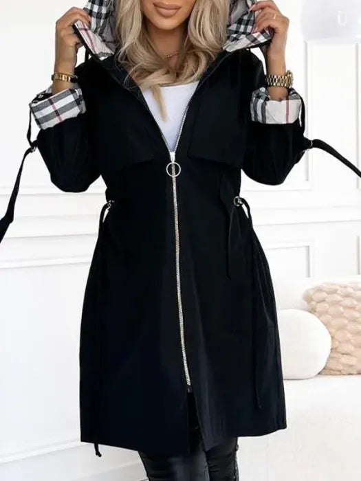Women's waterproof windproof zip coat with protective hood, tailored fit for city winter style