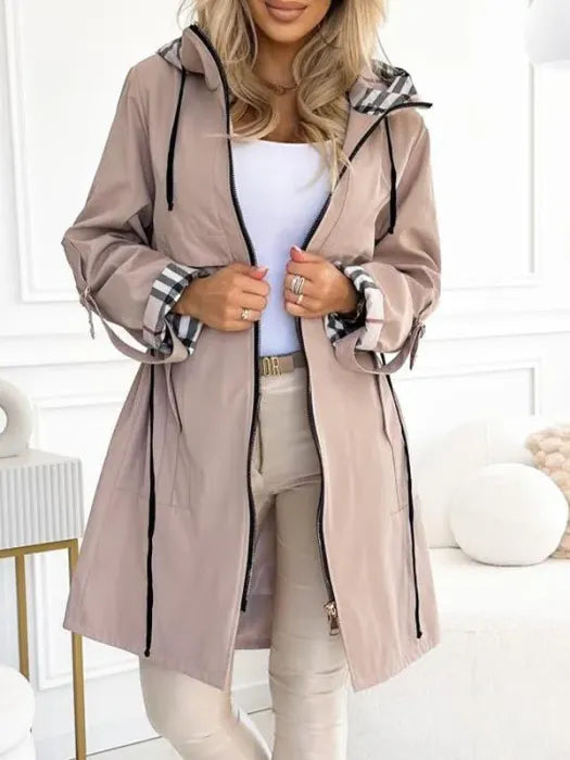 Women's waterproof windproof zip coat with protective hood, tailored fit for city winter style