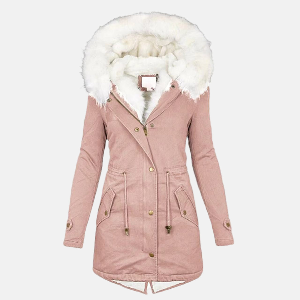 Women's mid-length hooded parka with faux fur trim, fleece-lined water-resistant shell, fitted silhouette