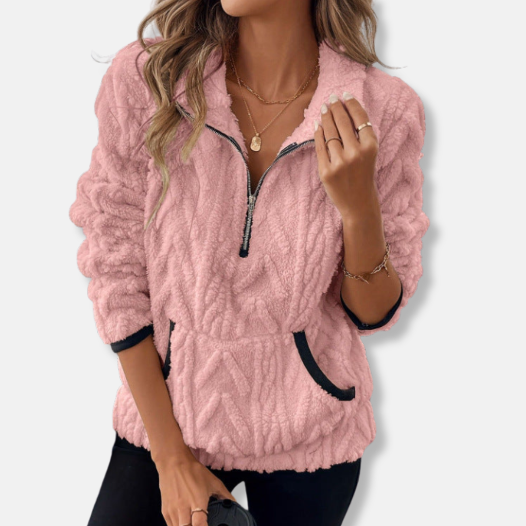 Women's plush fleece pullover sweatshirt, cozy relaxed fit, stand collar half-zip with kangaroo pocket