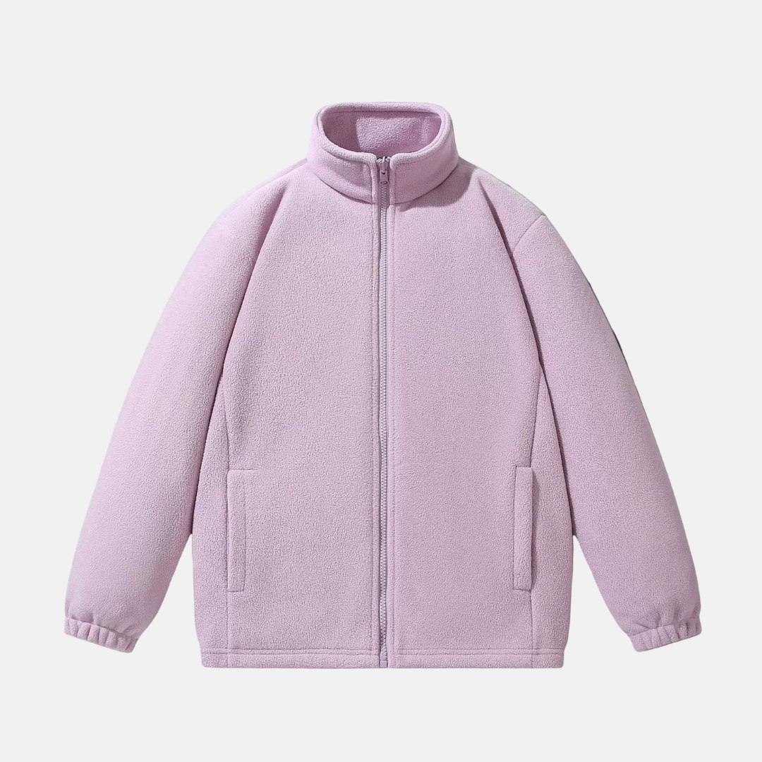 Men's grey fleece jacket relaxed fit full-zip stand-up collar casual winter outerwear by Wavlynn