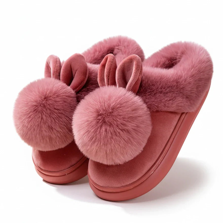 Women's ivory plush slip-on slippers with fluffy bunny ear fur trim for cozy winter comfort