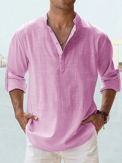 Men's relaxed fit grandad collar shirt long sleeves sustainable lightweight fabric casual essential