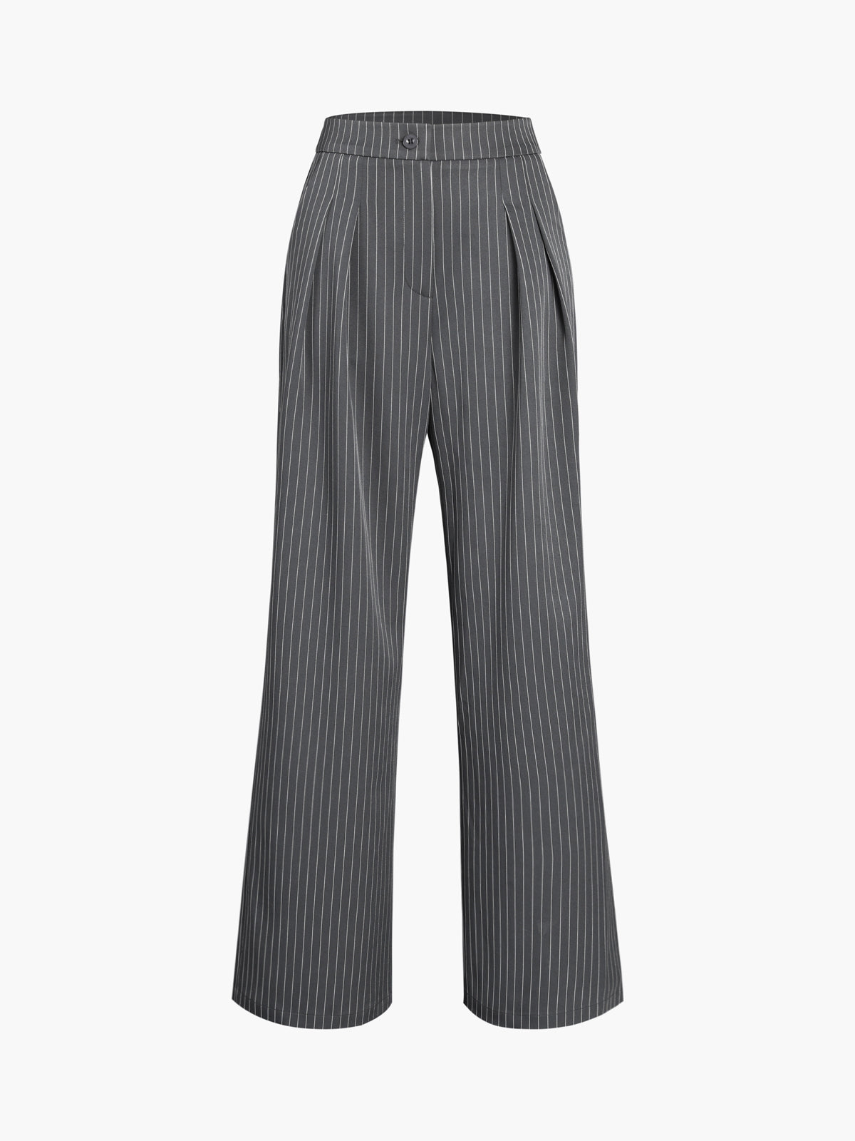 Pinstripe wide-leg pleated pants in neutral tones with high-waist design for casual work style