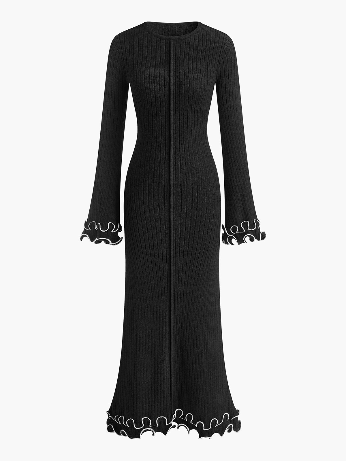 Dusty pink knit maxi dress with ruffle piping trim, drawstring waist, and elegant stretch silhouette