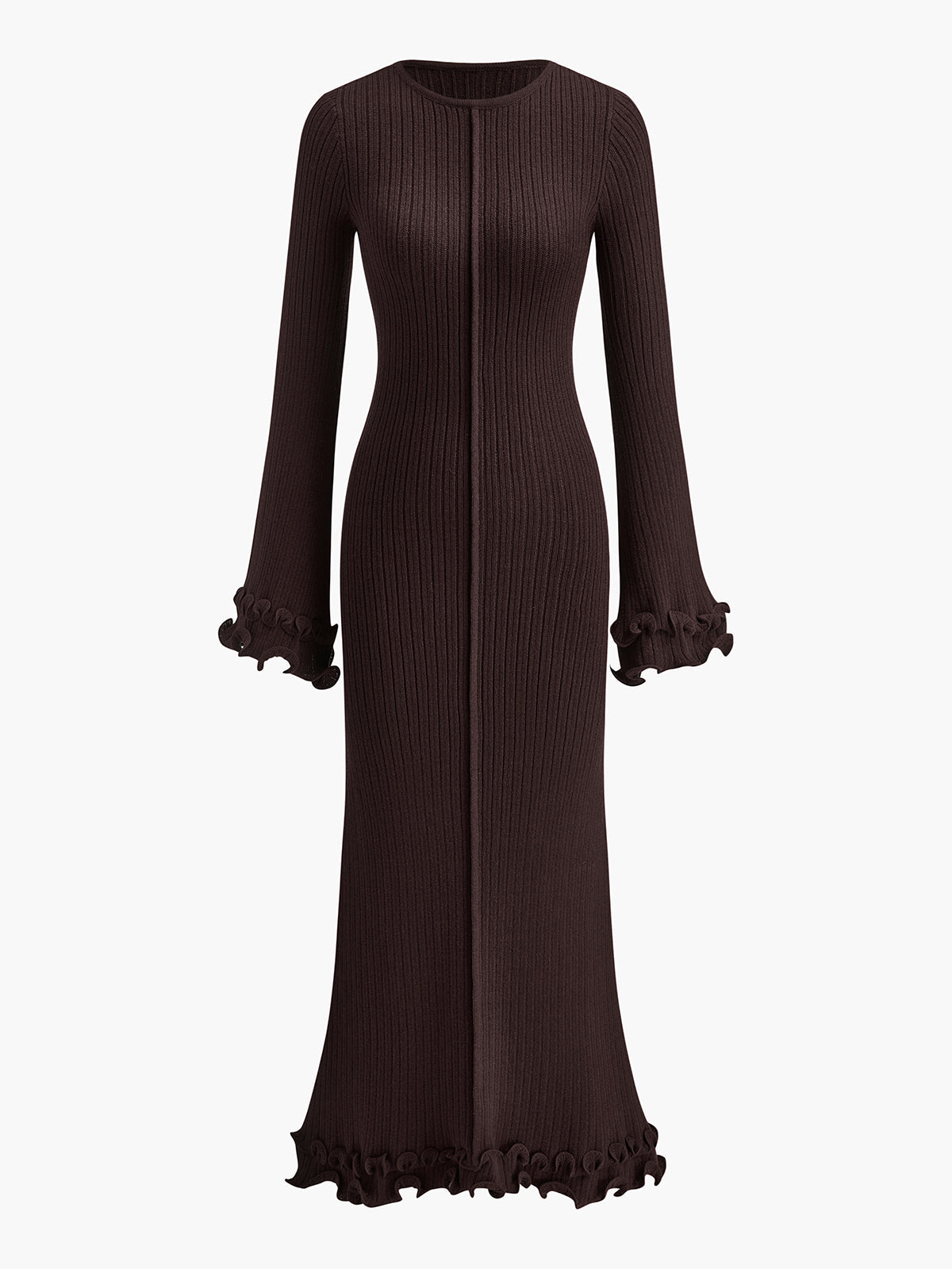 Dusty rose knit maxi dress with piping ruffle trim and drawstring waist detail