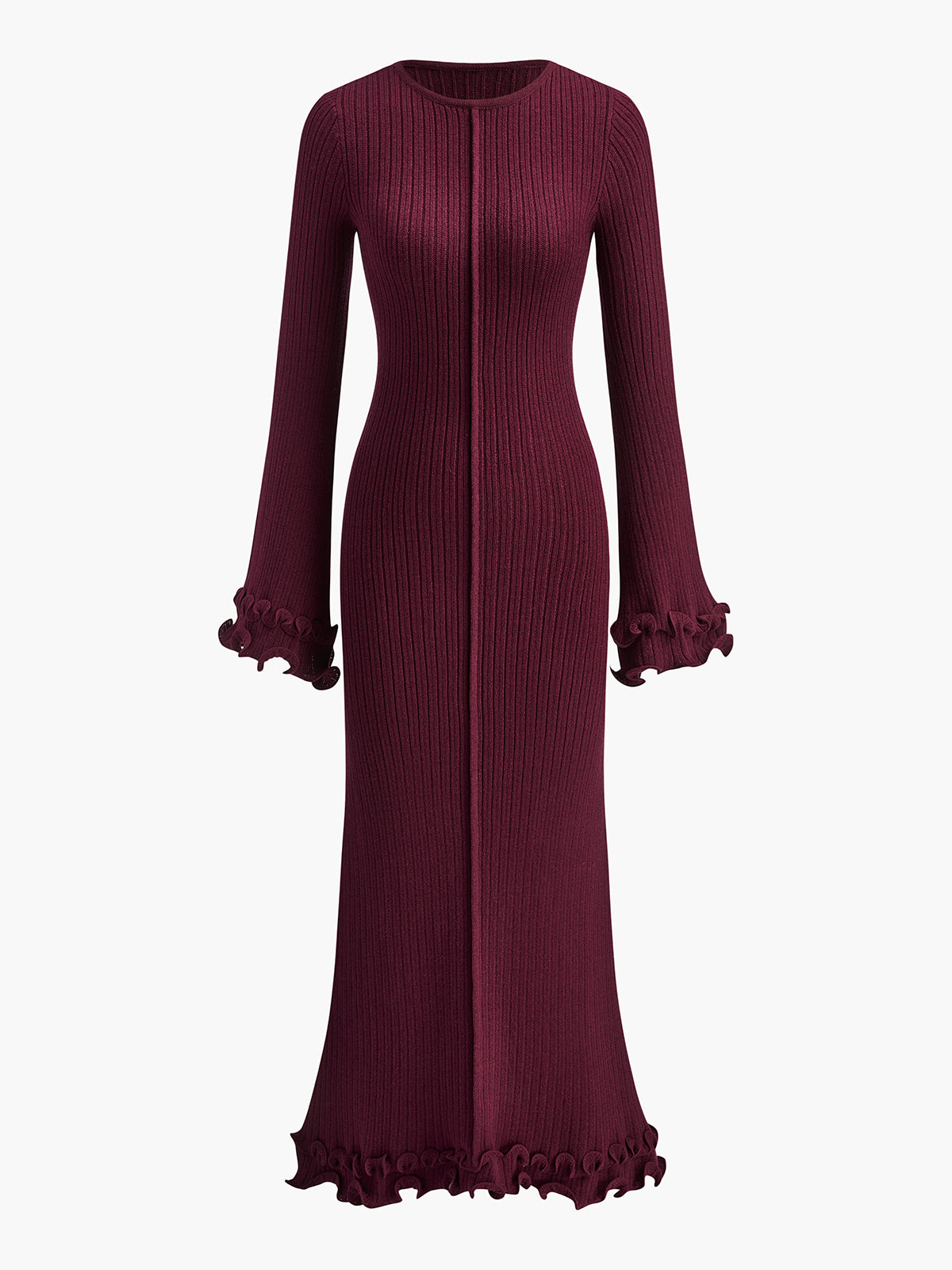 Beige knit maxi dress with ruffle trim, drawstring waist, and elegant piping detail