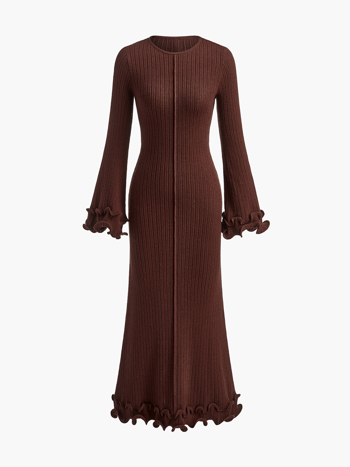 Blush pink knit maxi dress with ruffle piping detail, drawstring waist, and elegant stretch silhouette