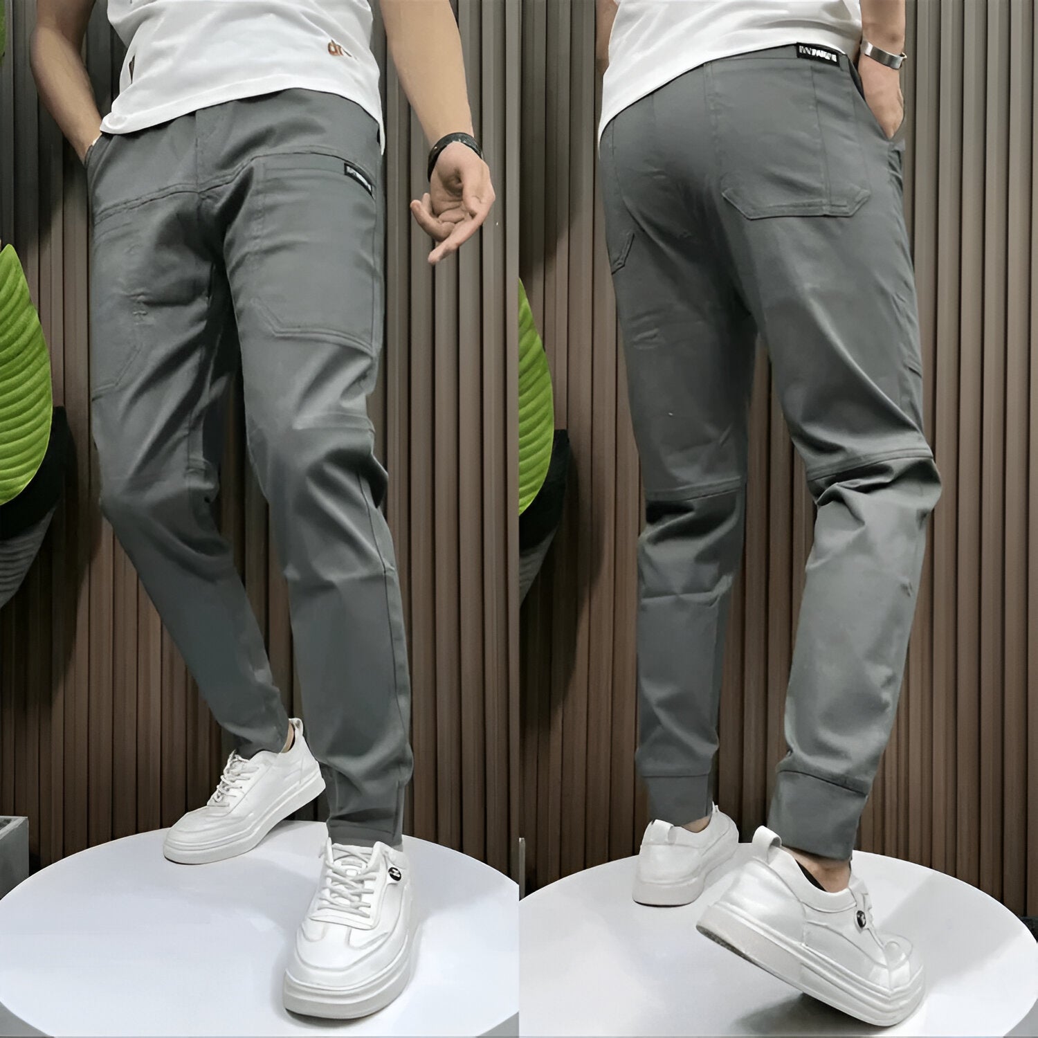 Men's dark stretch cargo pants slim fit with multiple utility pockets, premium flexible fabric