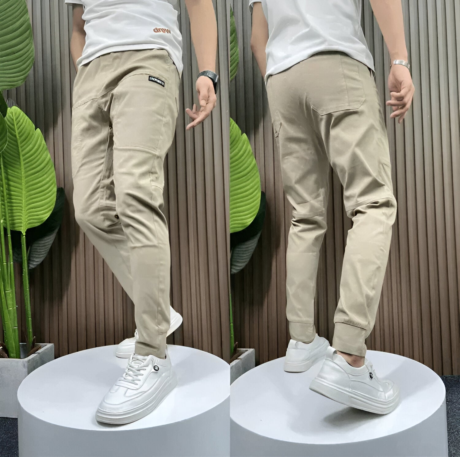 Men's dark stretch cargo pants slim tapered cut with multiple utility pockets