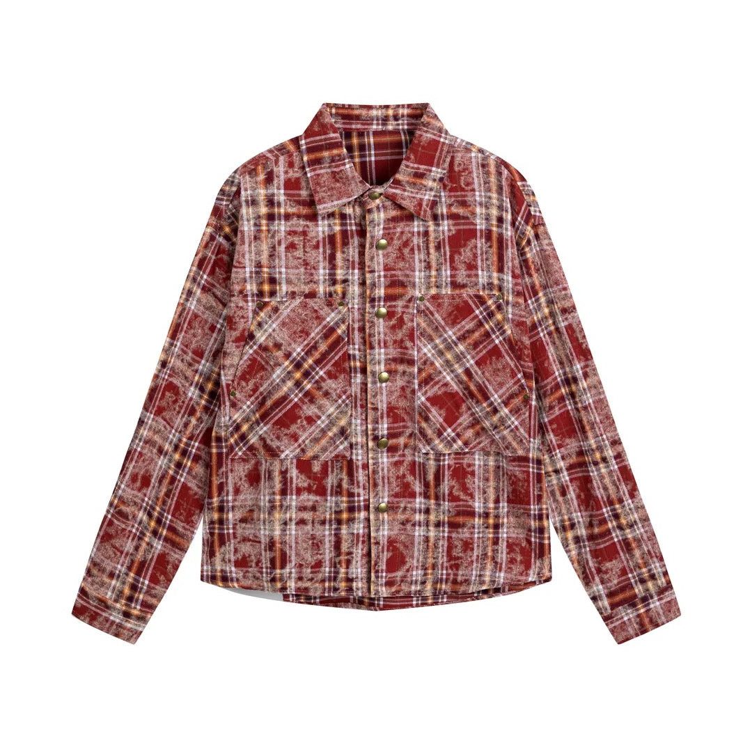 Plaid cotton broadcloth jacket with oversized patch pockets, structured single-breasted fit and turn-down collar