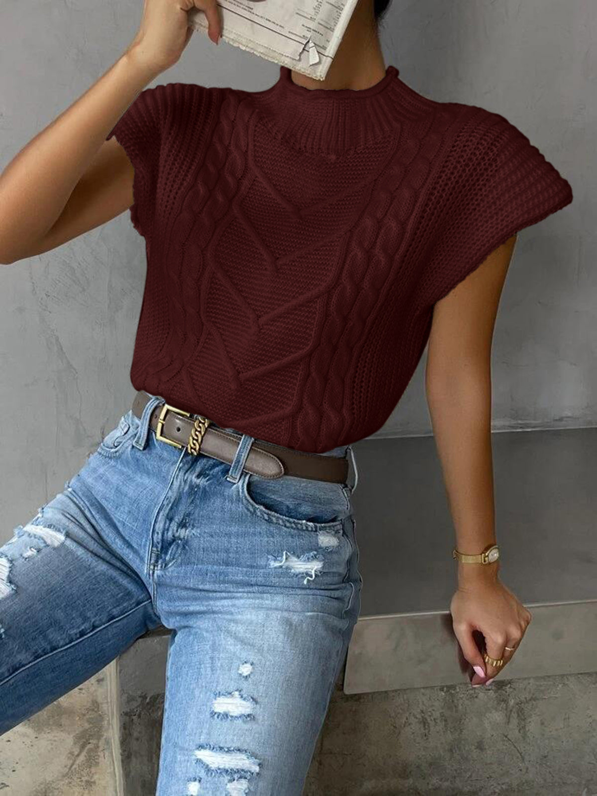 Casual plain knit sweater vest with cap sleeves relaxed shift silhouette soft acrylic blend